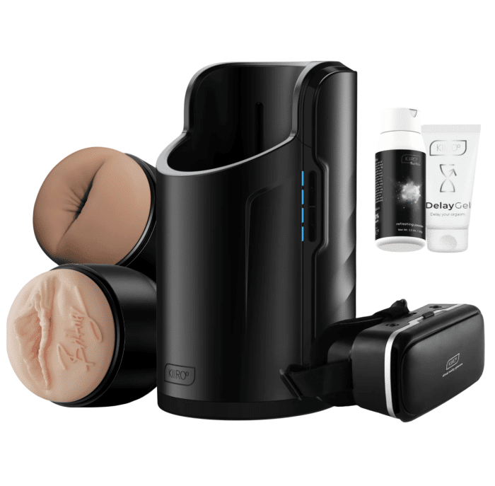 Kiiroo Keon with Powerblow attachment showing the complete virtual reality sex toy setup