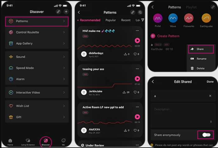 Lovense Remote app interface showing pattern creation and VR content integration